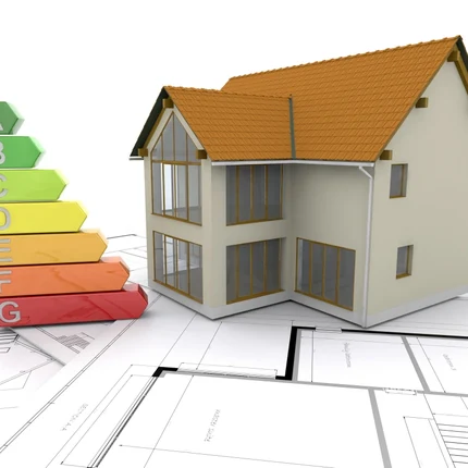 Illustration d’une maison avec évaluation de performance énergétique
